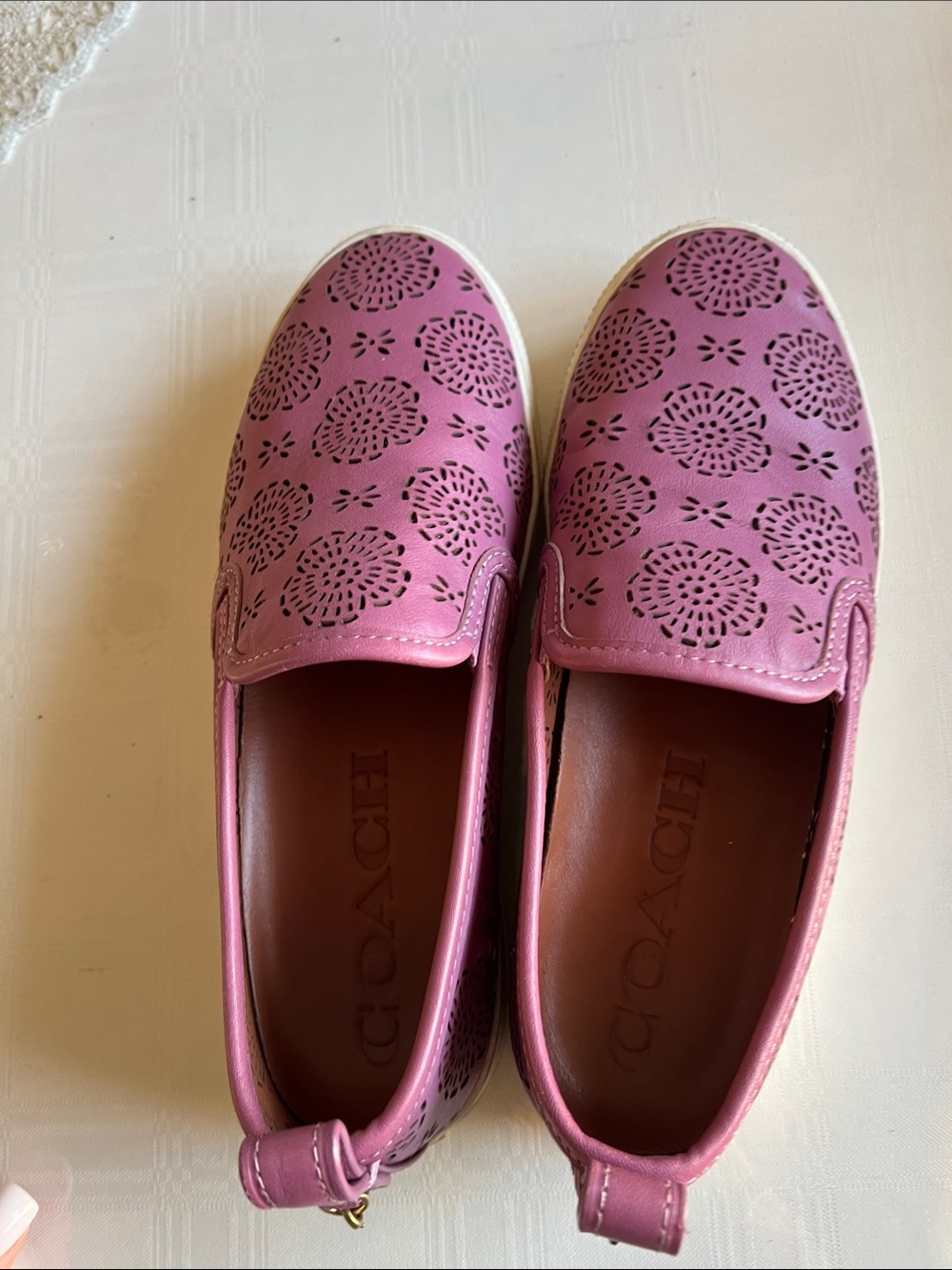 Coach Pink Perforated Leather Slip-On Loafers